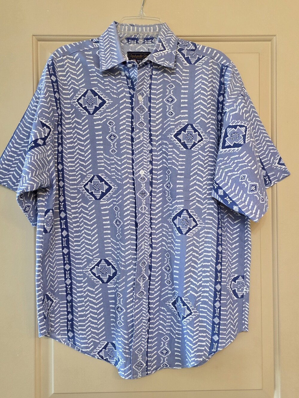 Vtg Panhandle Slim Blue/white Western Geometric Aztec ShortSleeve ButtonUp Shirt